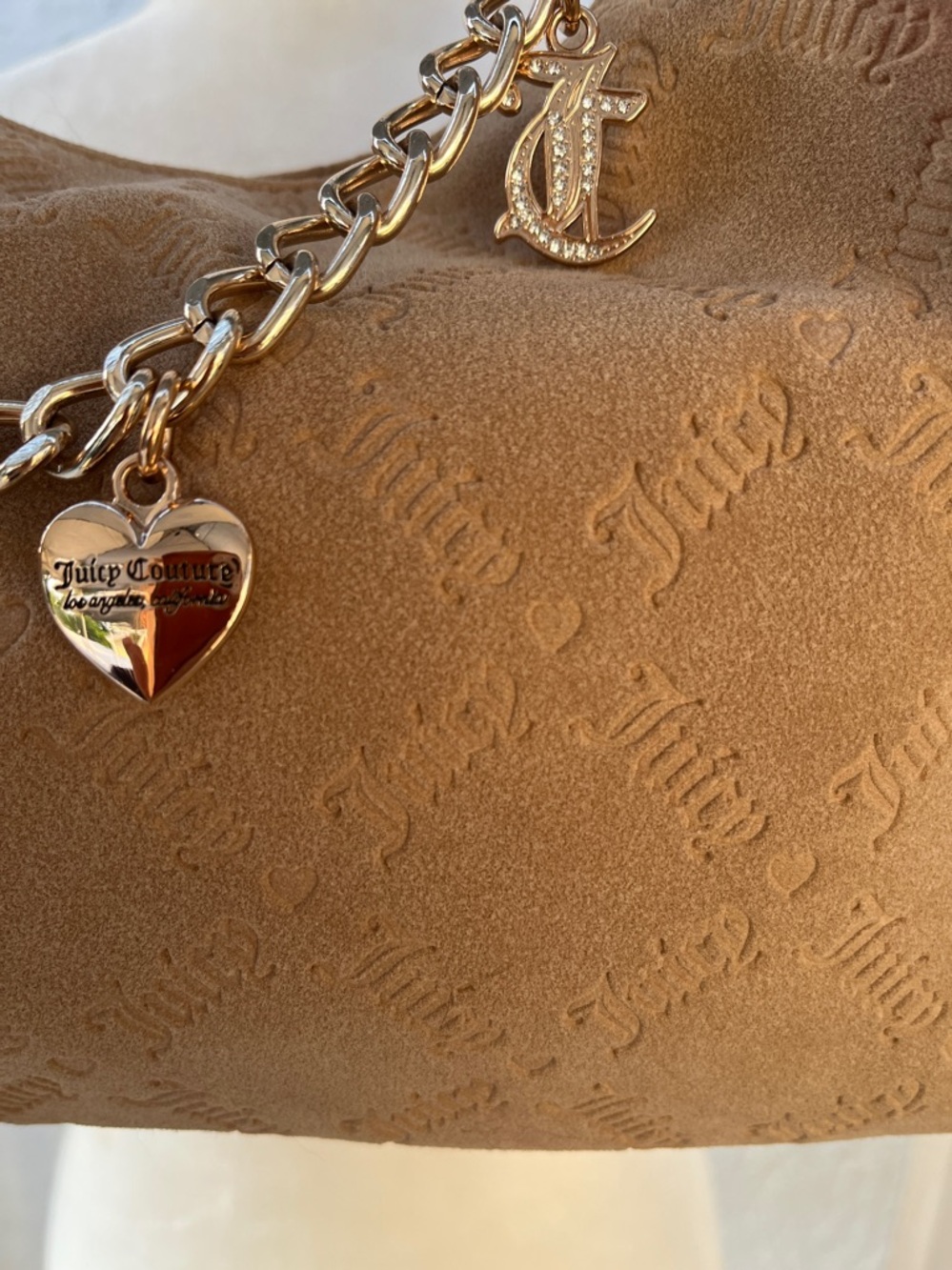 Juicy Couture Camel Suede Hobo Bag with Gold Charm Chain NWT - Picture 3 of 9